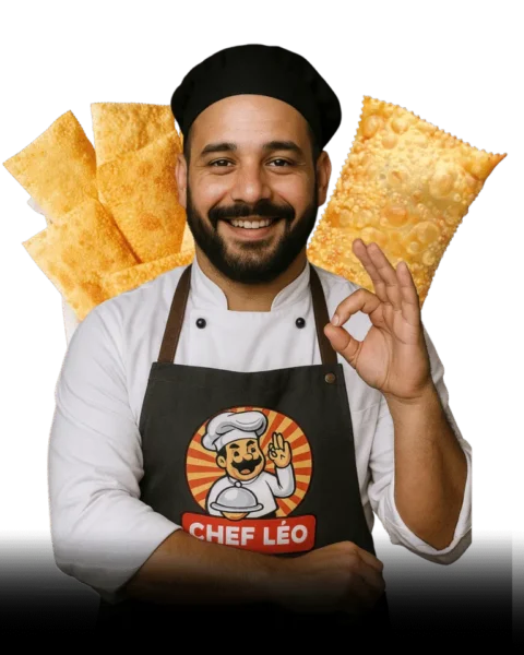 Chef Léo Martins com pastéis dourados ao fundo